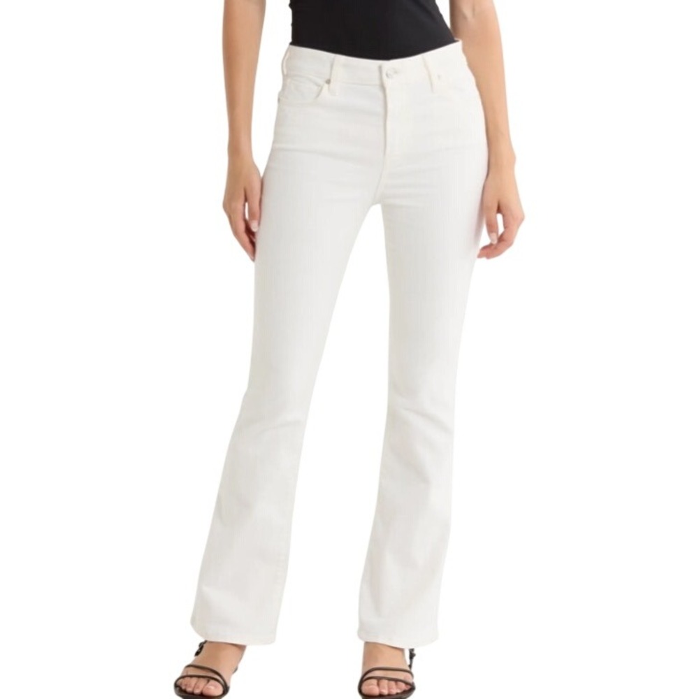 Paige High Rise Laurel Canyon Petite Bootcut Jeans White Raw Hem Size 29